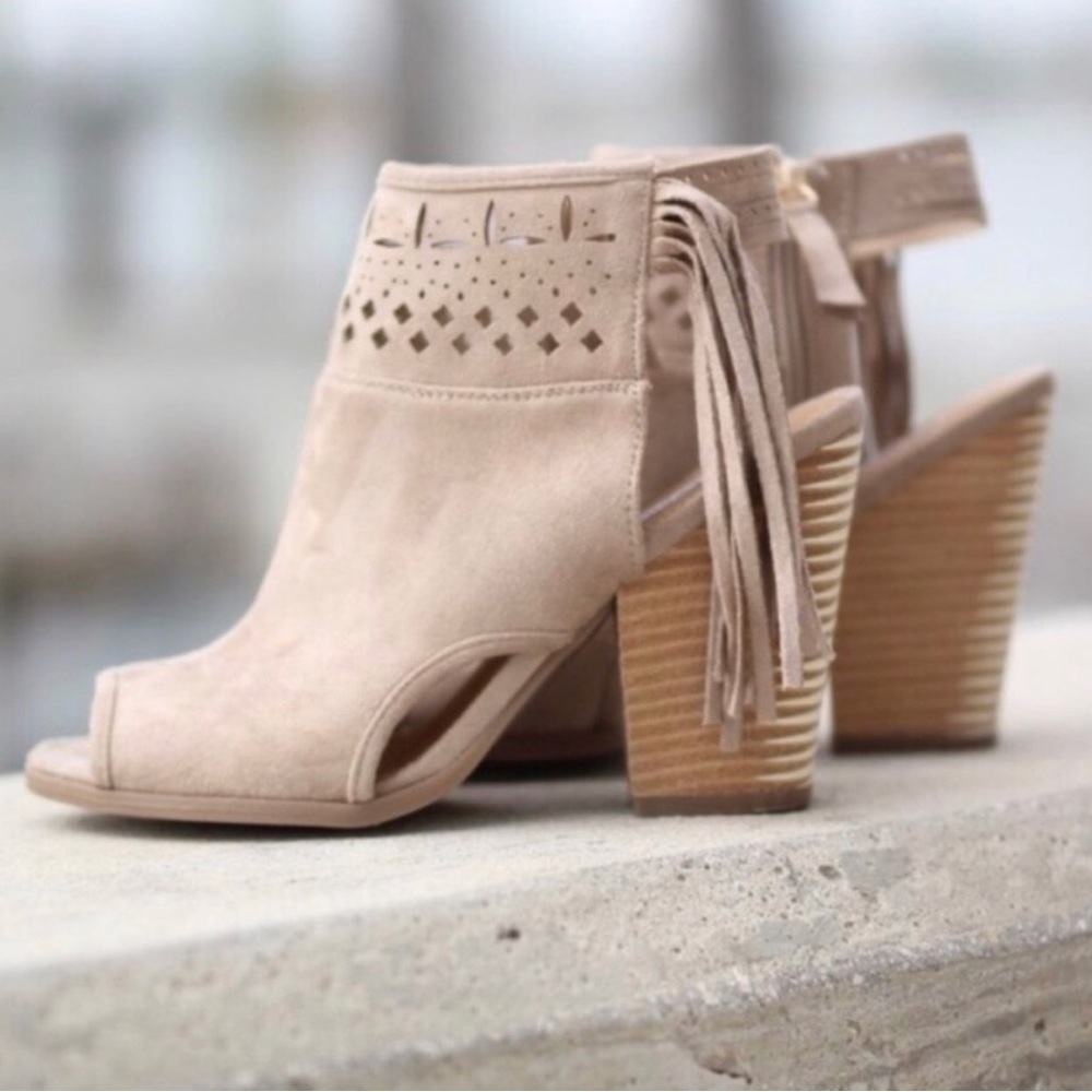 Cream Peep-Toed Fringe Boho Ankle Booties